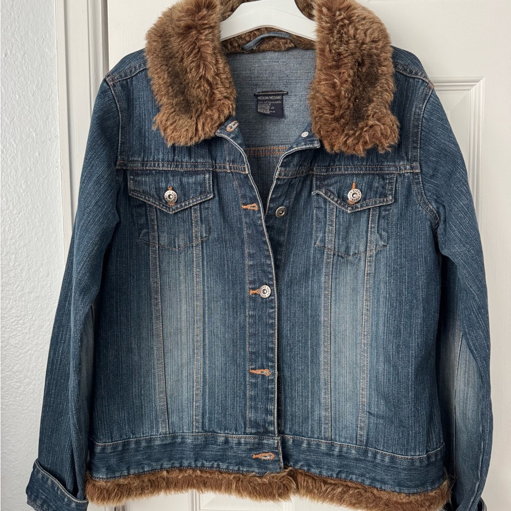 Route 66 Blue Denim Jacket with Brown Faux Fur Trim